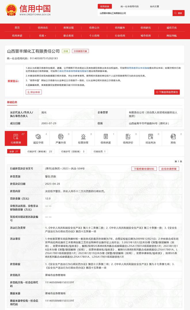 晋丰煤化工液氨泄漏致2人死亡：曾因尿素车间防毒衣过期等被罚(图1)
