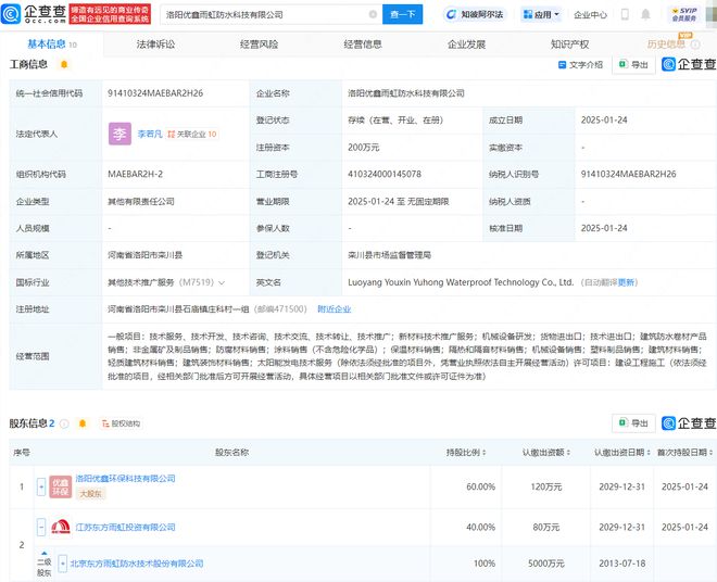 东方雨虹等在洛阳投资成立防水科技公司(图1) 东方雨虹等在洛阳投资成立防水科技公司(图1)
